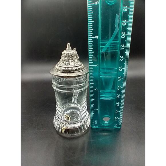 Miniature Beer Stein BMF Schnapskrügerl 4” Clear Glass & Pewter Lid West Germany - Picture 3 of 10